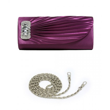 Evening Bag - 12 PCS - Pleated Satin w/ Rhinestones Accent Charm - Purple - BG-92409PU